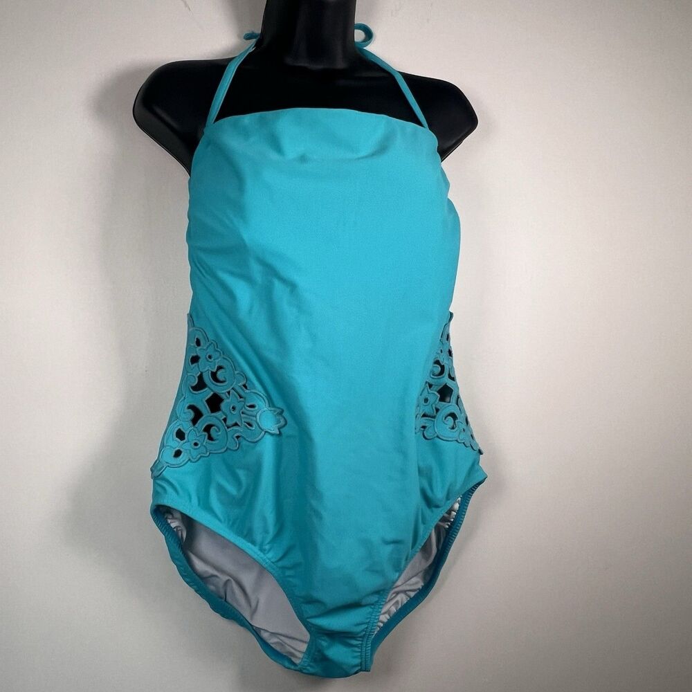 Venus Women's Teal Halter Strap Cutout Applique Bandeau One Piece Swimsuit Sz 14